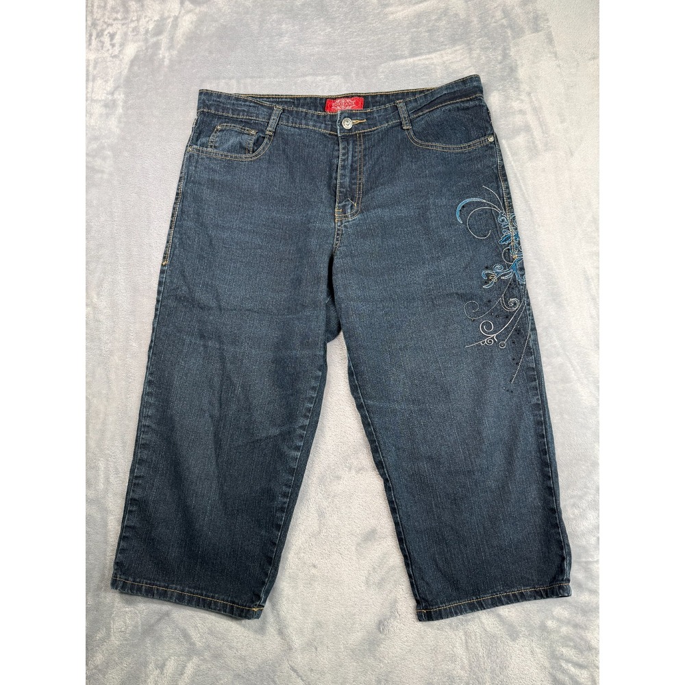 Cos Jeans Women's Blue 12 Petite Ramie Denim Indigo Raw Pockets Capri Wide Leg